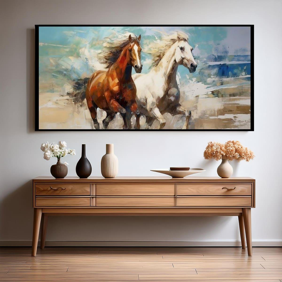 İki At Yağlı Boya Dokulu TabloYağlı Boya Dokulu Hayvan TablolarıTablolife