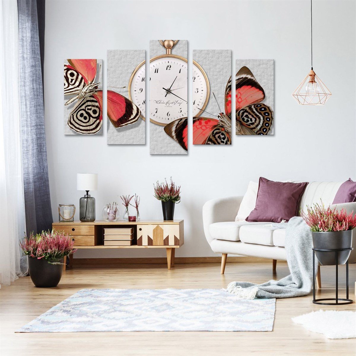 İki Kelebek - Saatli 5 Parçalı Kanvas Tablo