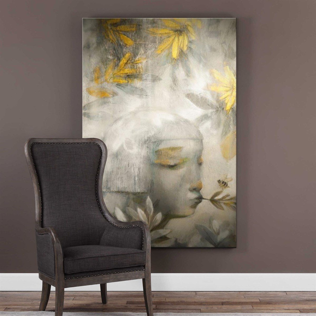 Kadın, Çiçek, Arı - Yağlı Boya Dokulu Tablo