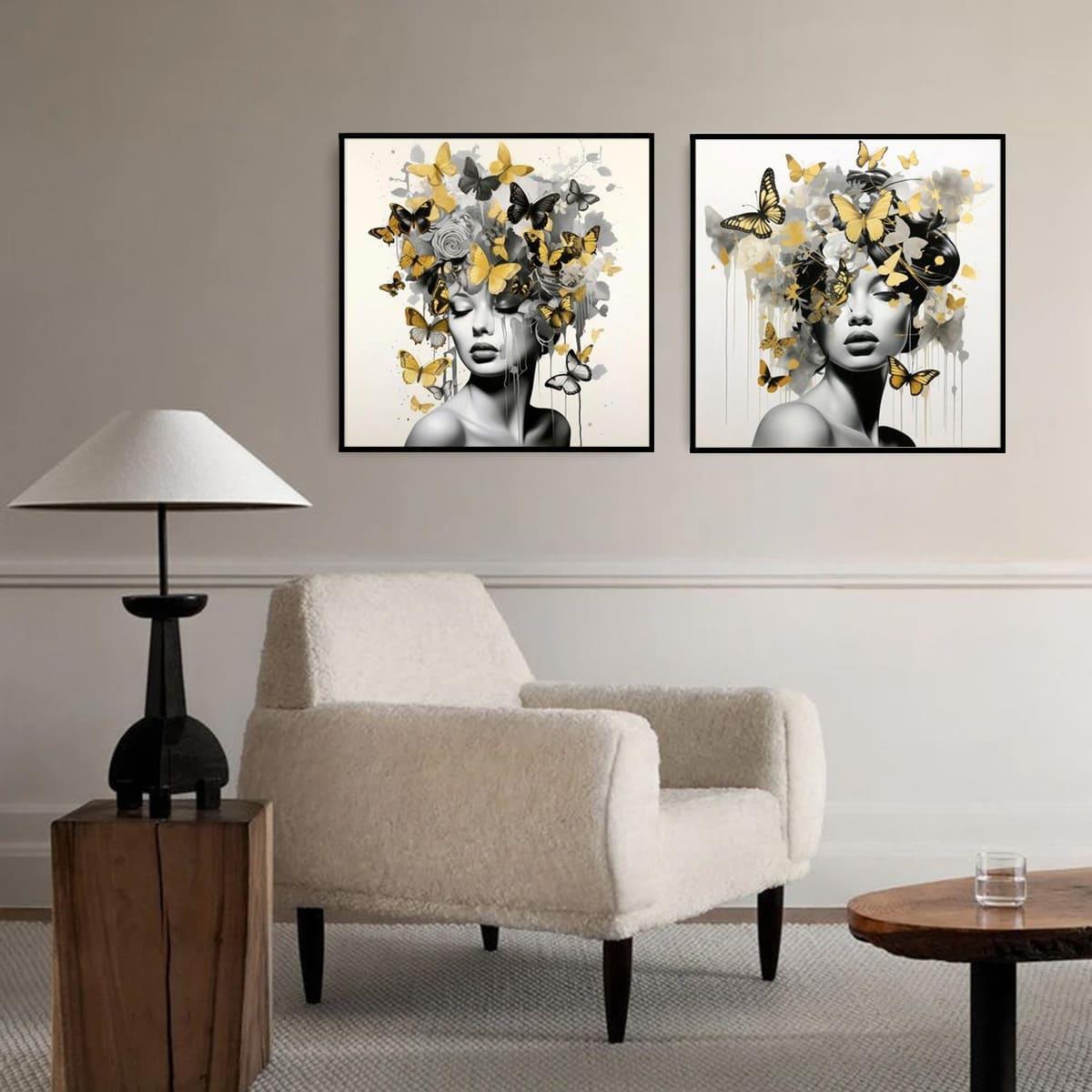 Kelebekler ve Kadınlar İkili Set Yağlı Boya Dokulu TabloYağlı Boya Dokulu Kadın Temalı TablolarTablolife