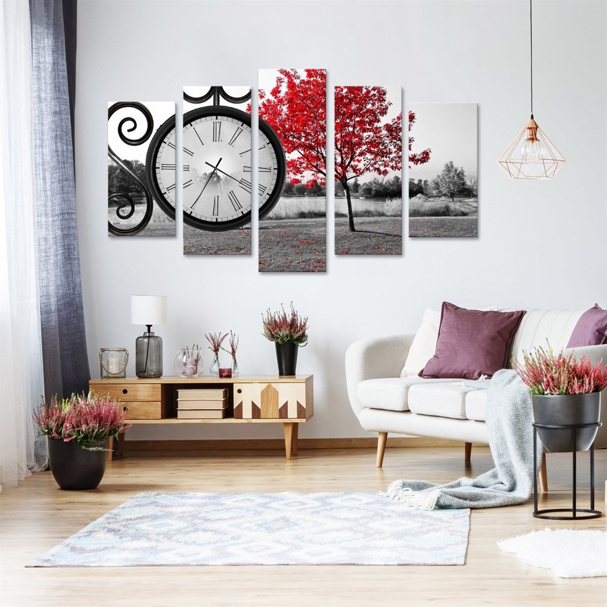 Kızıl Ağaç Saatli 5 Parçalı Kanvas TabloParçalı KanvasTablolife.com