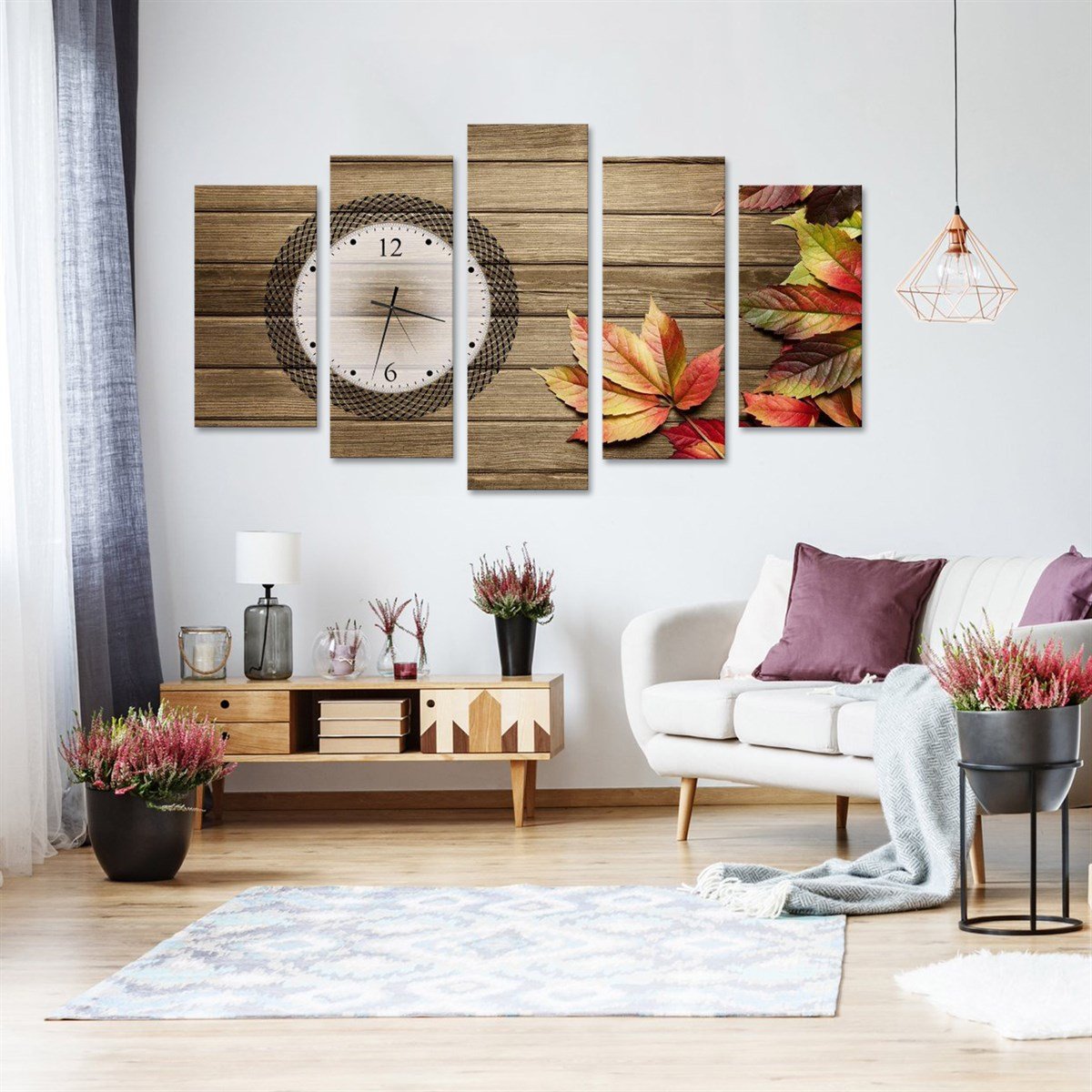 Kuru Yapraklar Saatli 5 Parçalı Kanvas TabloParçalı KanvasTablolife.com