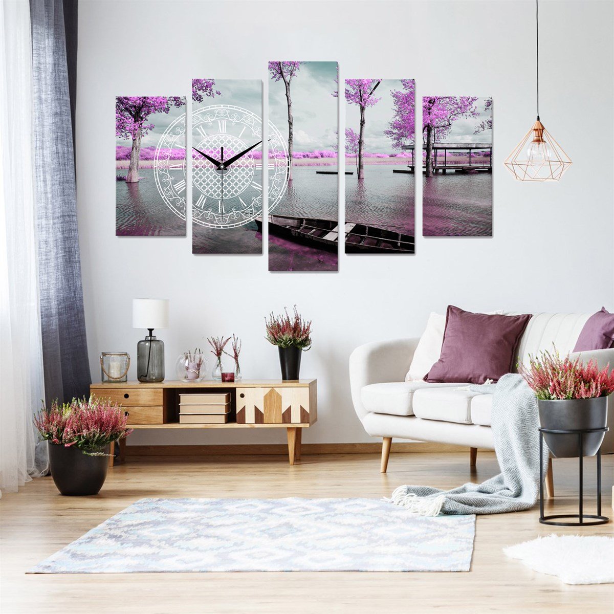Mor Ağaçlı Göl Saatli 5 Parçalı Kanvas TabloParçalı KanvasTablolife.com