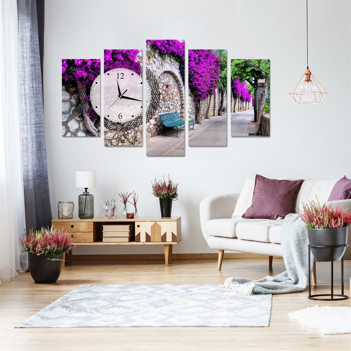 Mor Salkımlı Sokak Saatli 5 Parçalı Kanvas TabloParçalı KanvasTablolife.com
