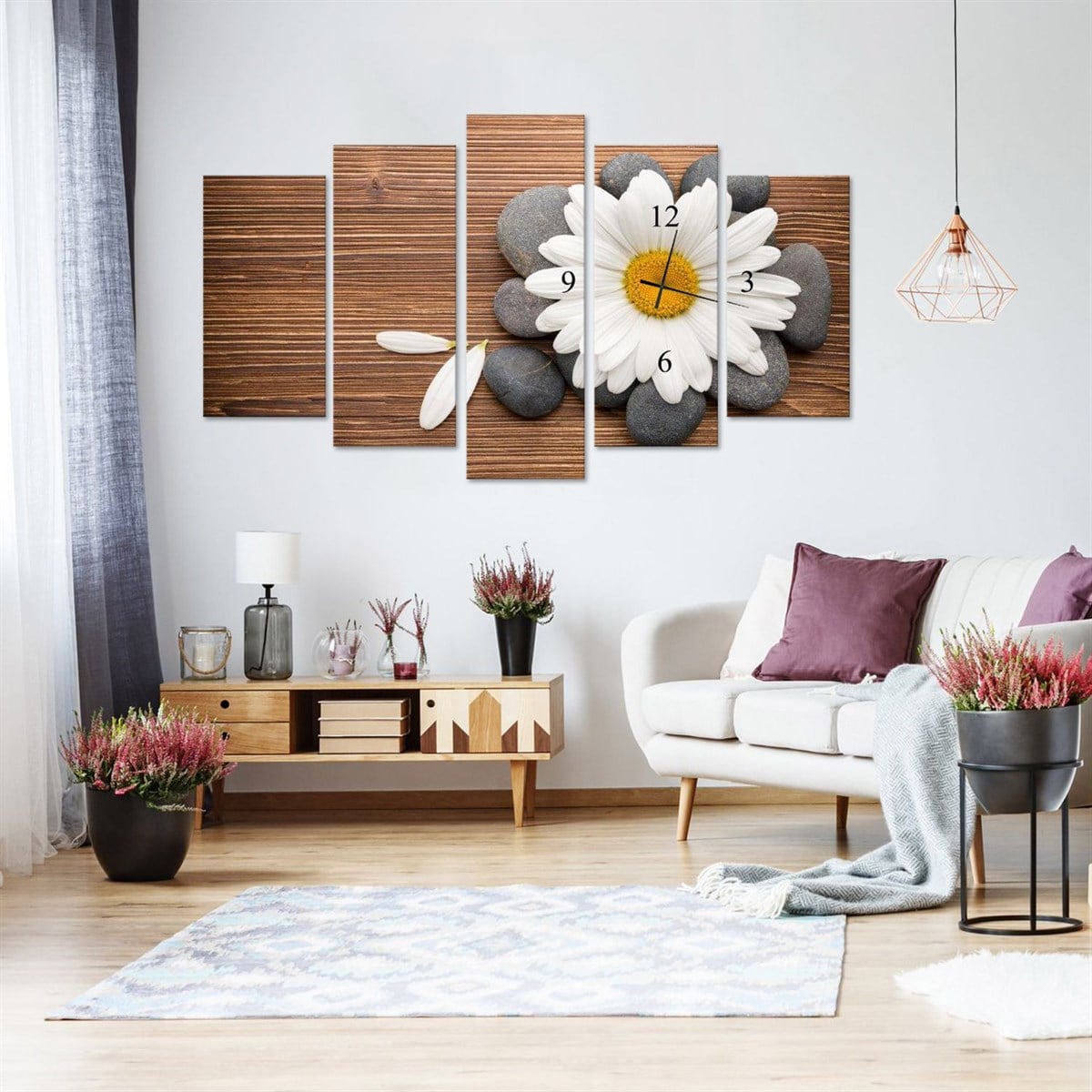 Papatya - Saatli 5 Parçalı Kanvas Tablo