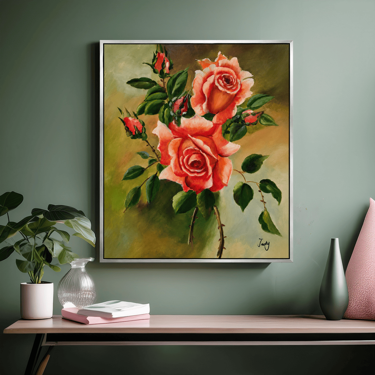 Pembe Güller Handmade Tamamı Yağlı Boya TabloYağlı Boya Dokulu Çiçek TablolarıTablolife