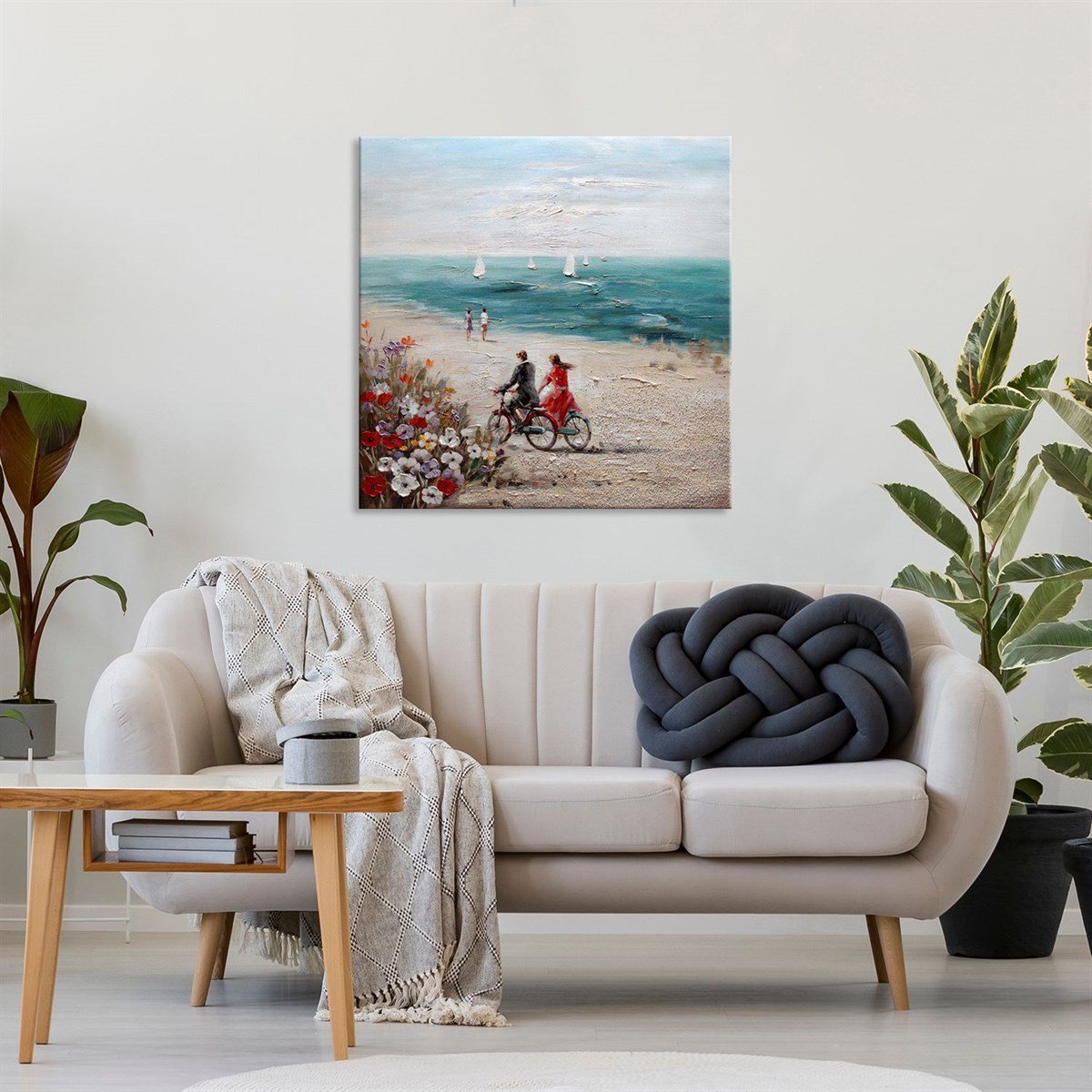 Sahilde Bisiklet Süren Çift - Yağlı Boya Dokulu Tablo