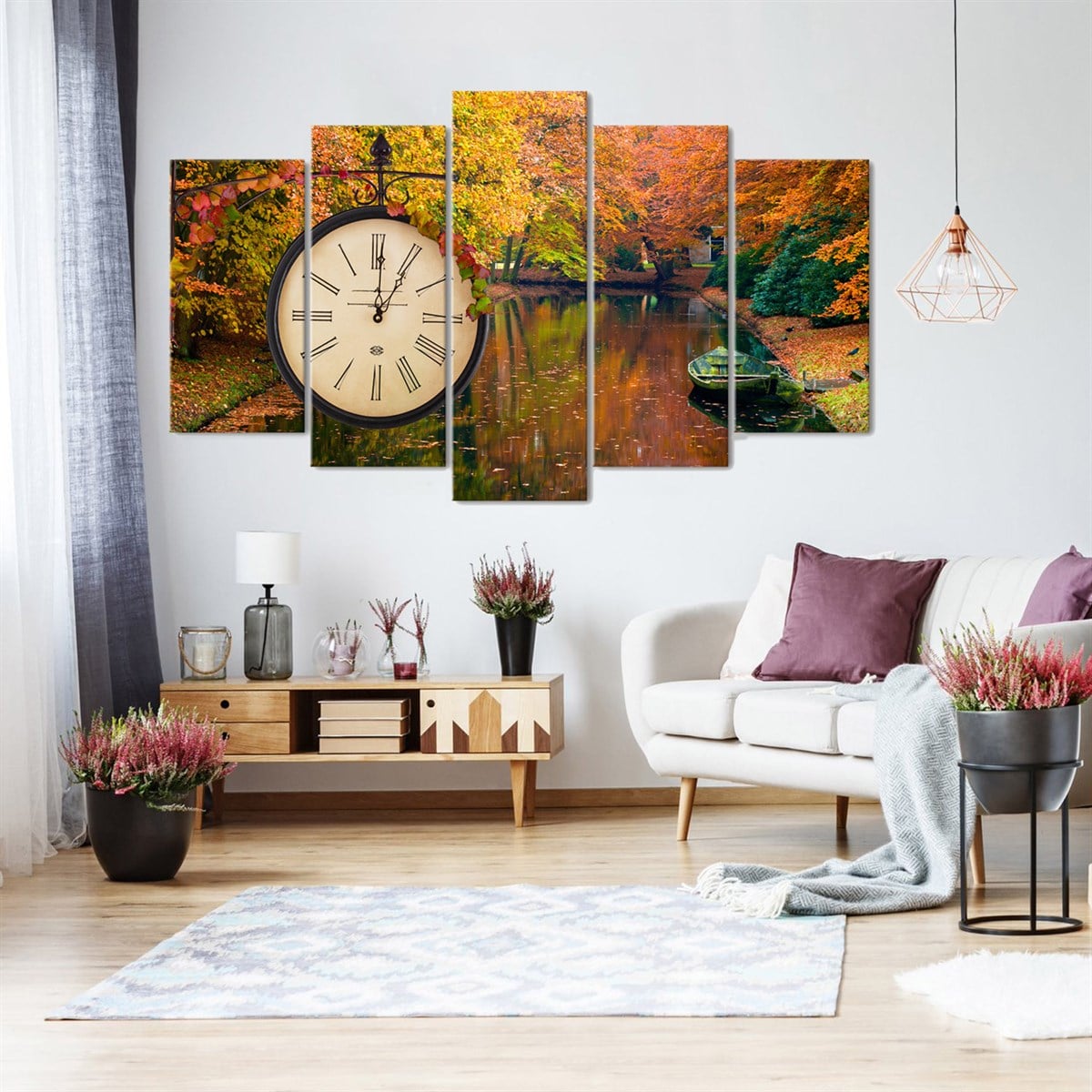Sonbahar Sarısı - Saatli 5 Parçalı Kanvas TabloParçalı KanvasTablolife.com