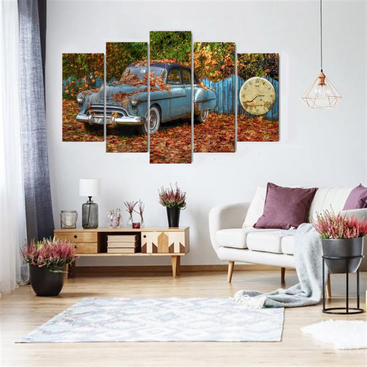 Sonbahar Yaprakları 5 Parçalı Saatli Kanvas TabloAraçTablolife.com