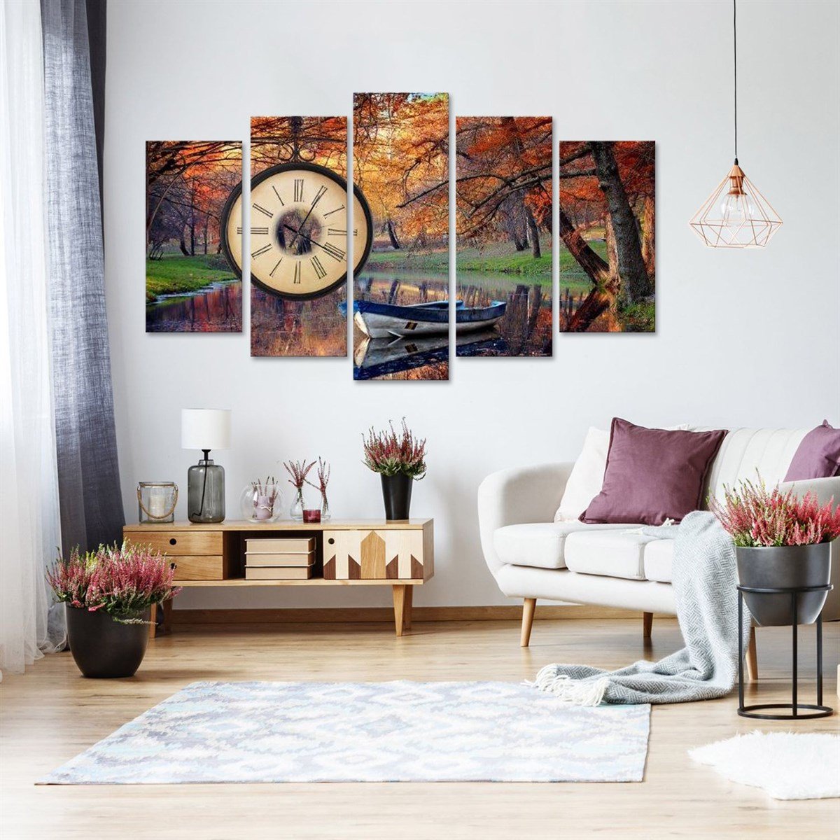 Sonbaharda Göl - Saatli 5 Parçalı Kanvas Tablo