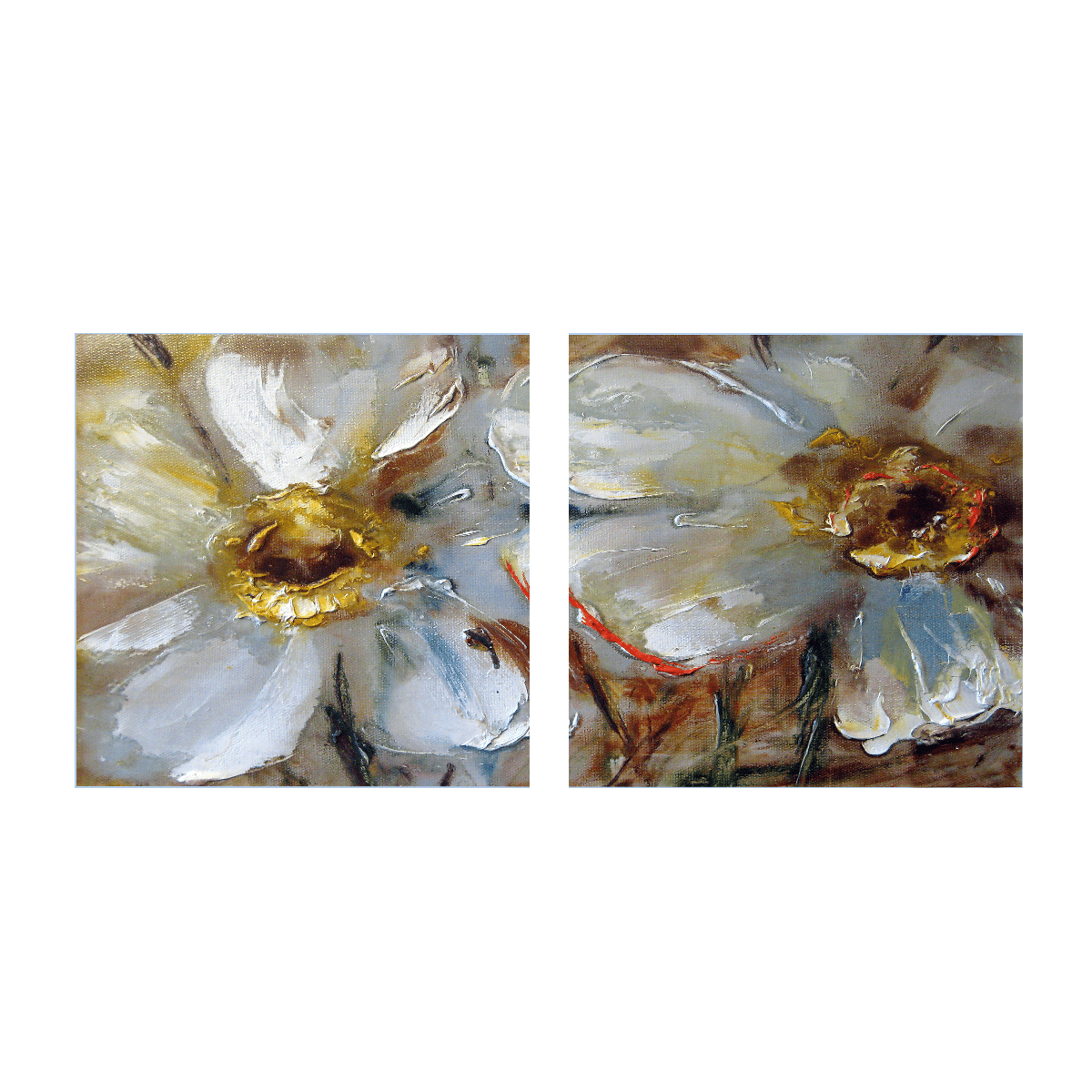 Soyut İki Papatya İkili Set Yağlı Boya Dokulu TabloYağlı Boya Dokulu Çiçek TablolarıTablolife