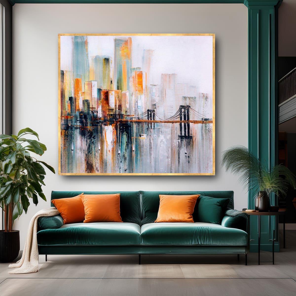 Soyut Şehrin Gölgesi Yağlı Boya Dokulu TabloYağlı Boya Dokulu Şehir TablolarıTablolife