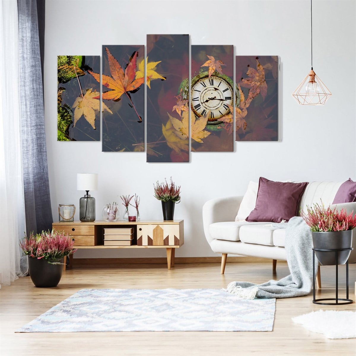 Suda Güz Yaprakları - Saatli 5 Parçalı Kanvas TabloParçalı KanvasTablolife.com