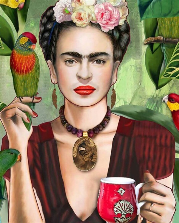 Frida Kahlo Coffee With Parrot - Kanvas TabloKanvas TablolarTablolife.com