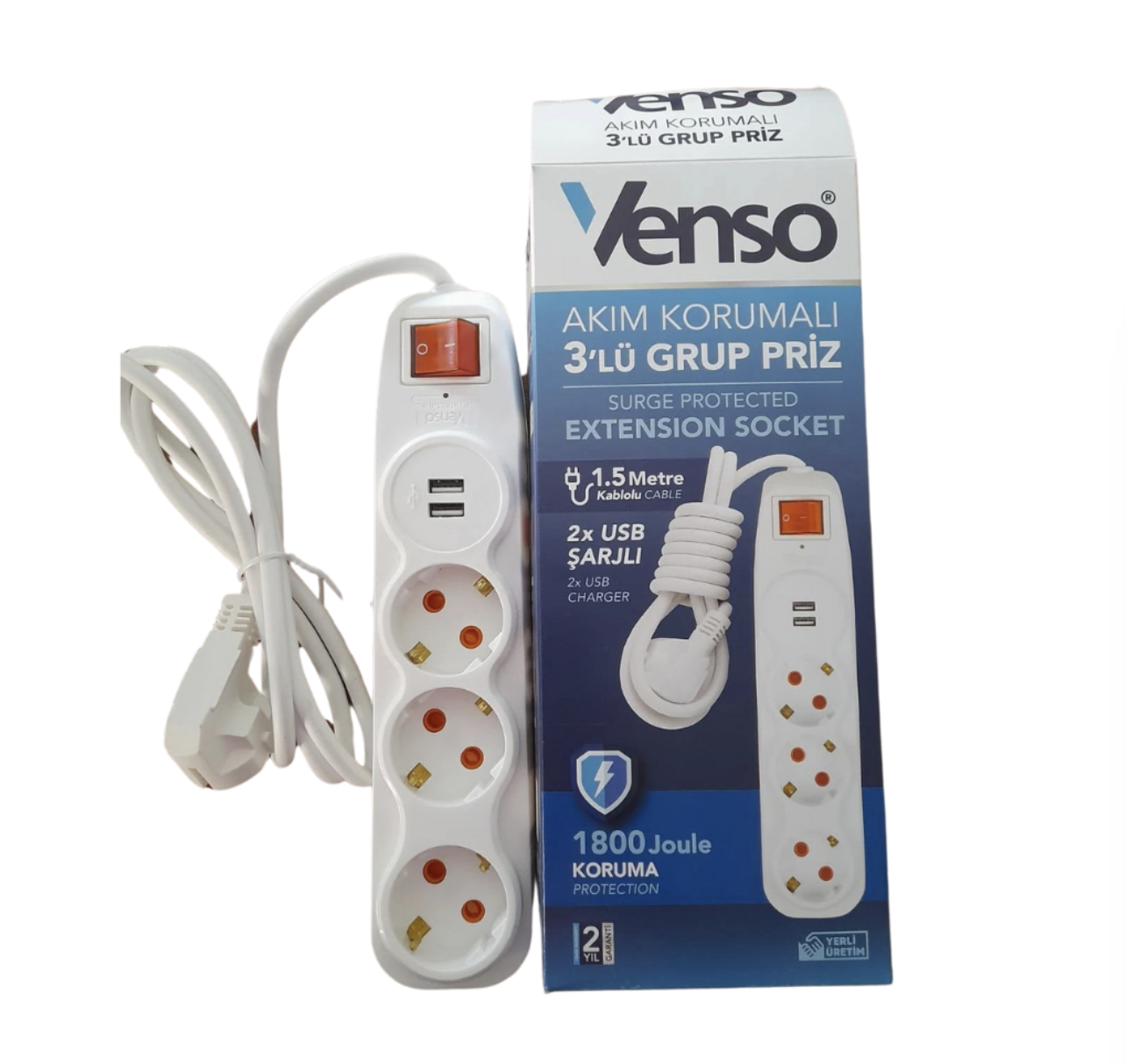 Venso Akım Korumalı 3 Lü Grup Priz 1,5Mt Çift Usb Şarjlı