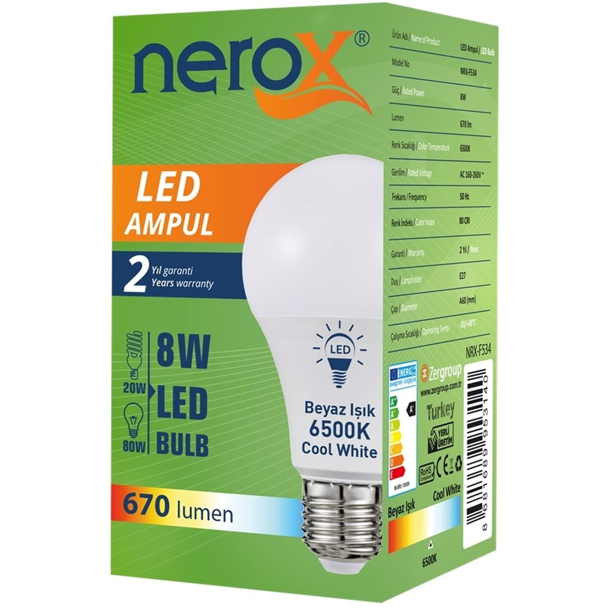 NEROX LED AMPUL 8W E27 GÜNIŞIĞI