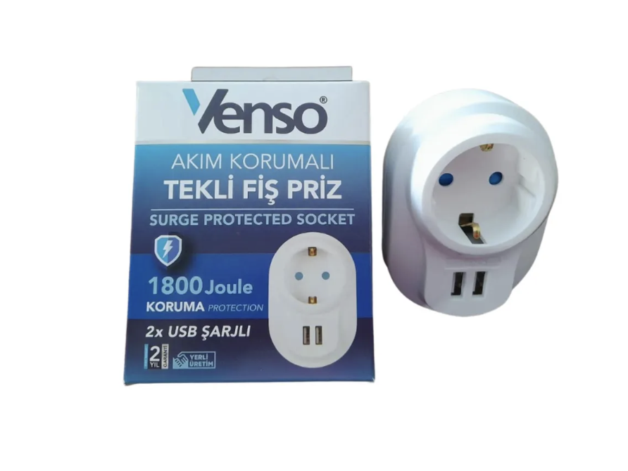 Venso Akım Korumalı Çift Usb Şarjlı Tekli Priz