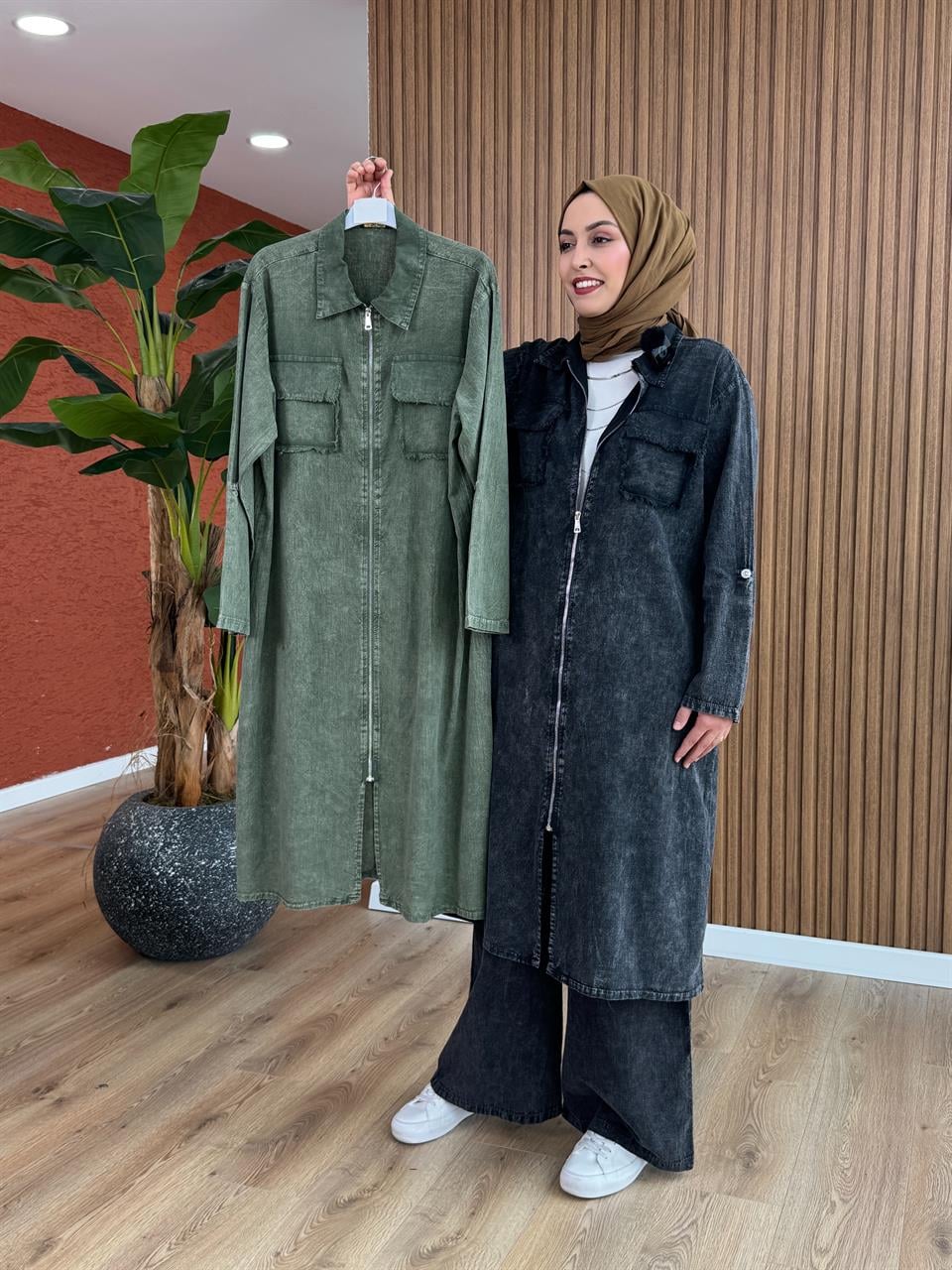 Ala Fermuarlı Pamuk Takım - Haki