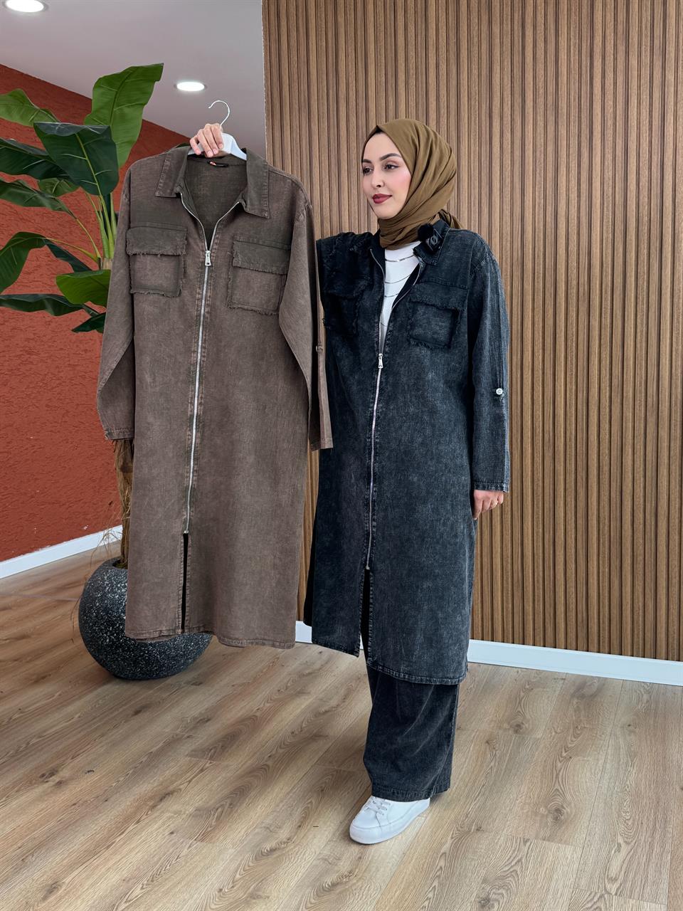 Ala Fermuarlı Pamuk Takım - Kahverengi