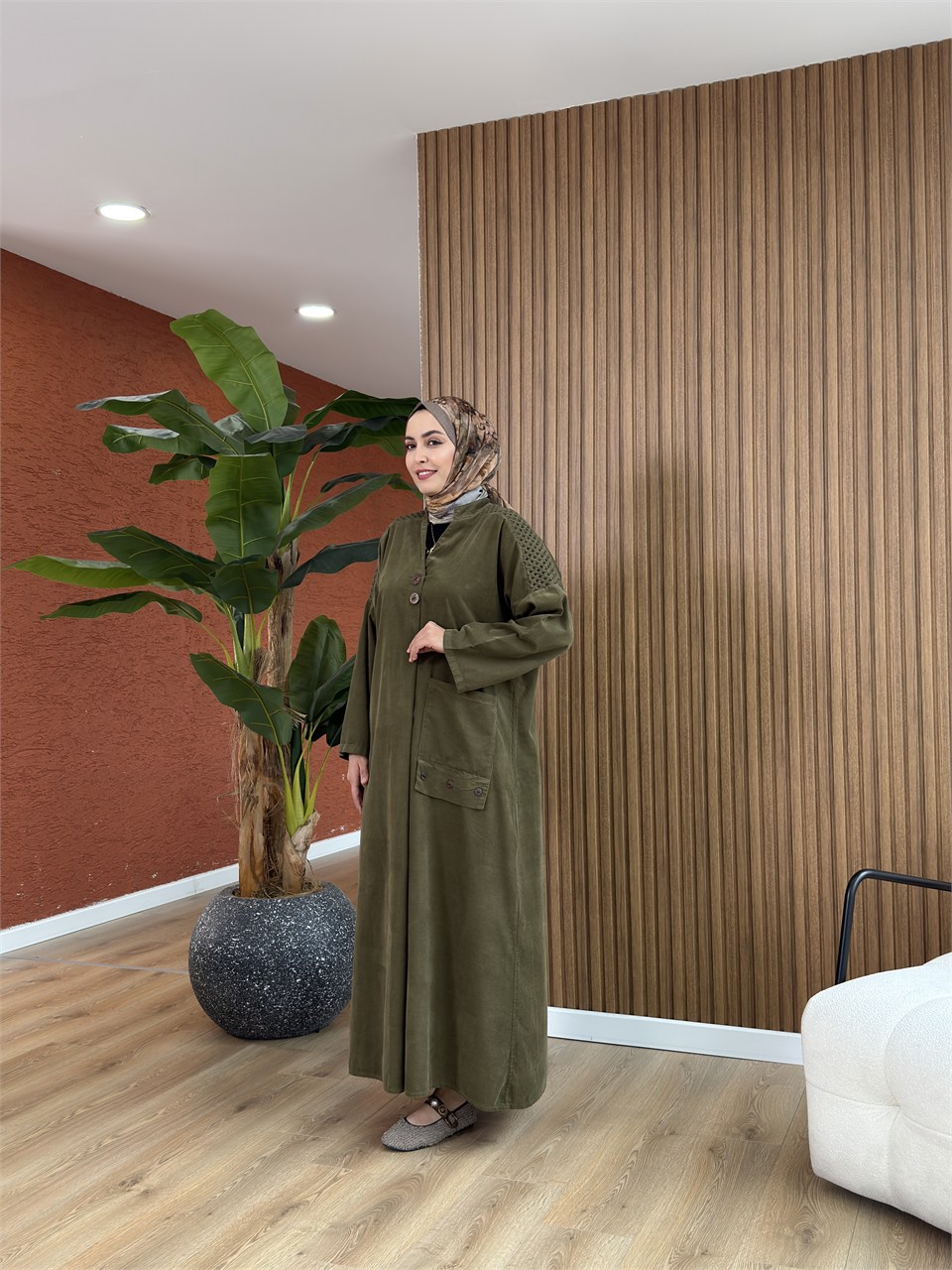 Alina Omuz Detaylı Kadife Elbise-Yağ Yeşili