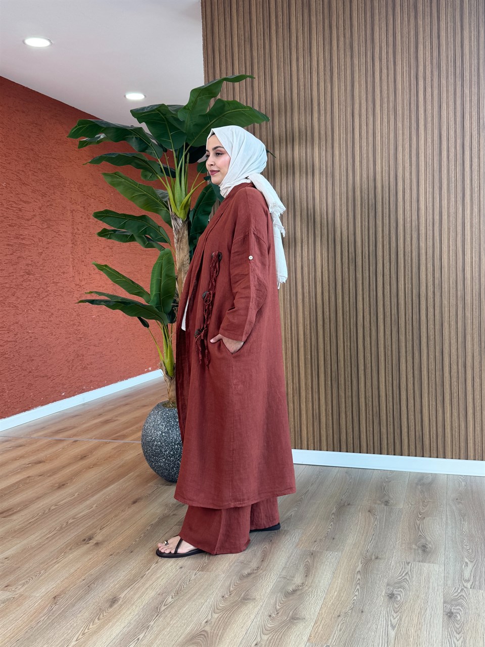Alya Toka Detaylı Keten Kap Takım - Kiremit