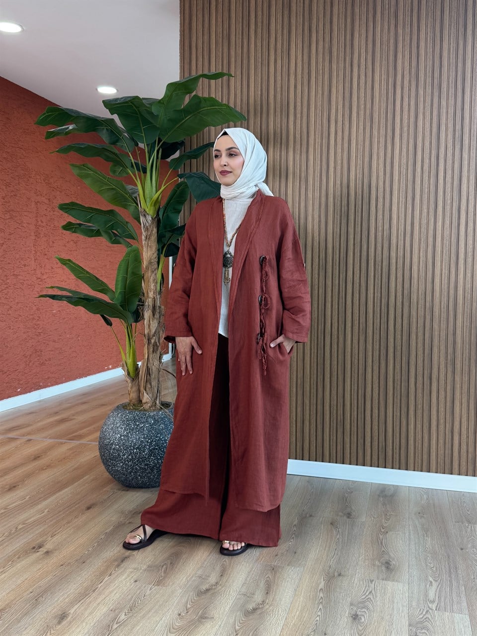 Alya Toka Detaylı Keten Kap Takım - Kiremit