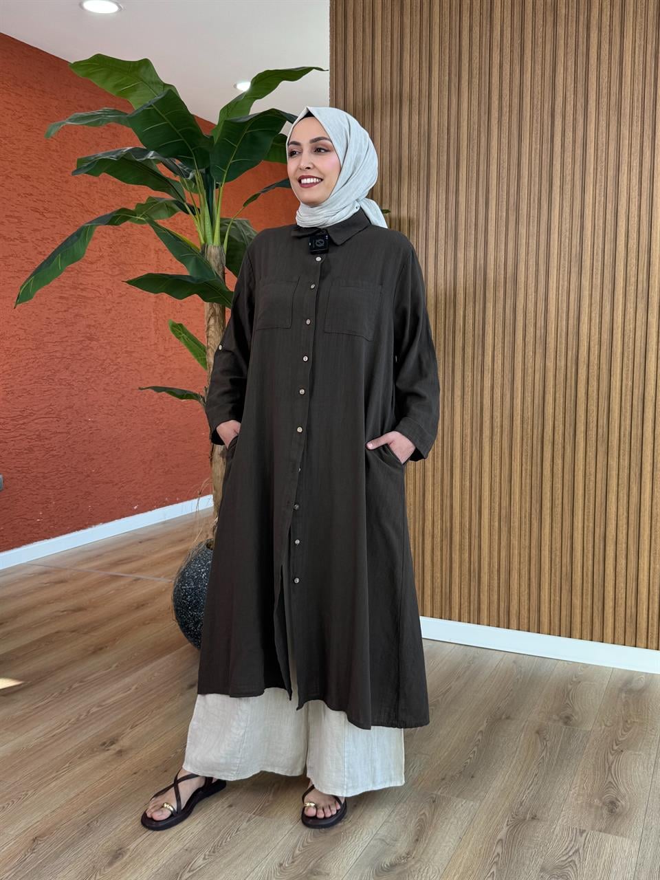 Asude İthal Keten Tunik - Kahverengi