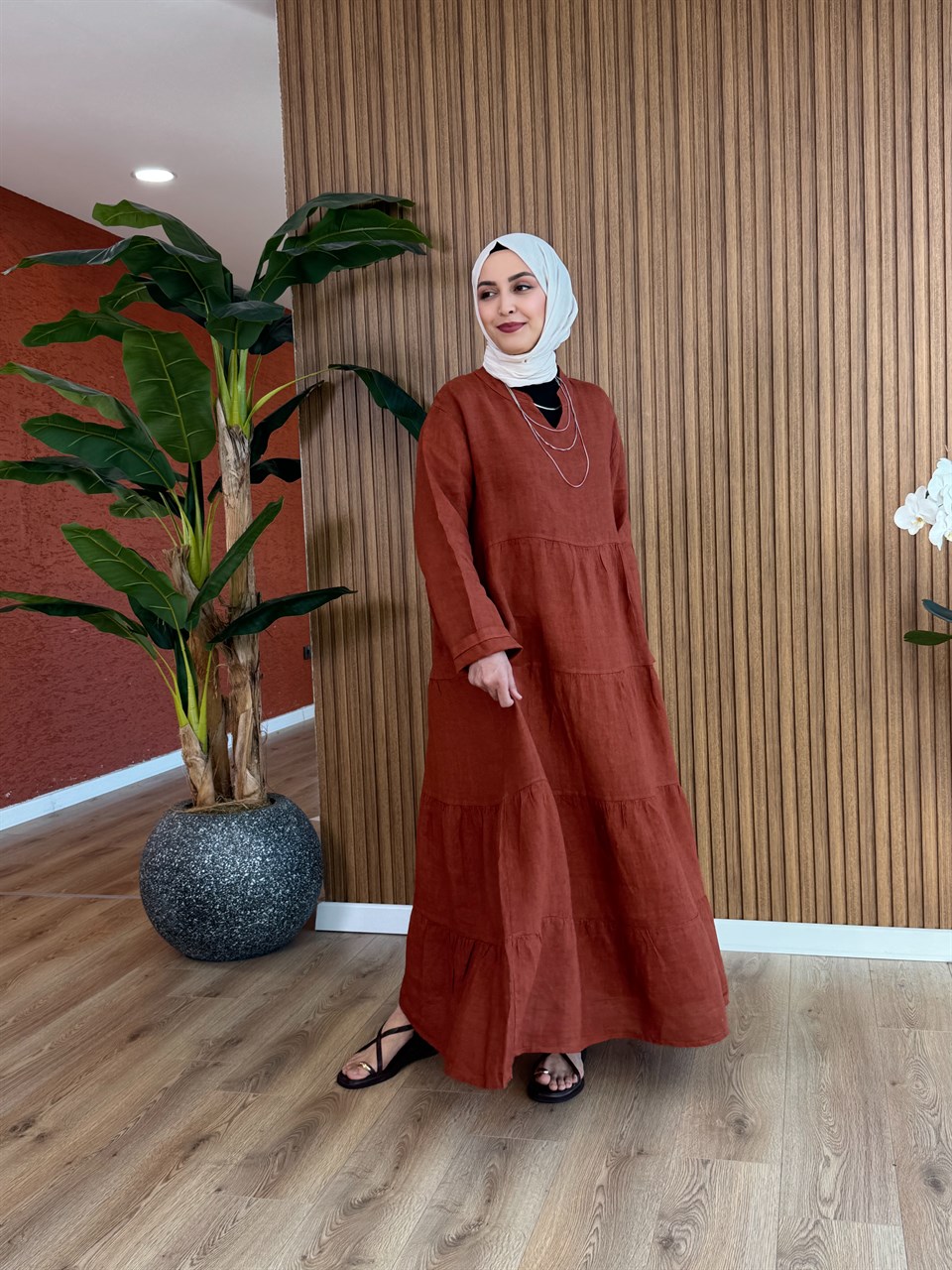 Hazal Ham Keten İthal Elbise - Kiremit