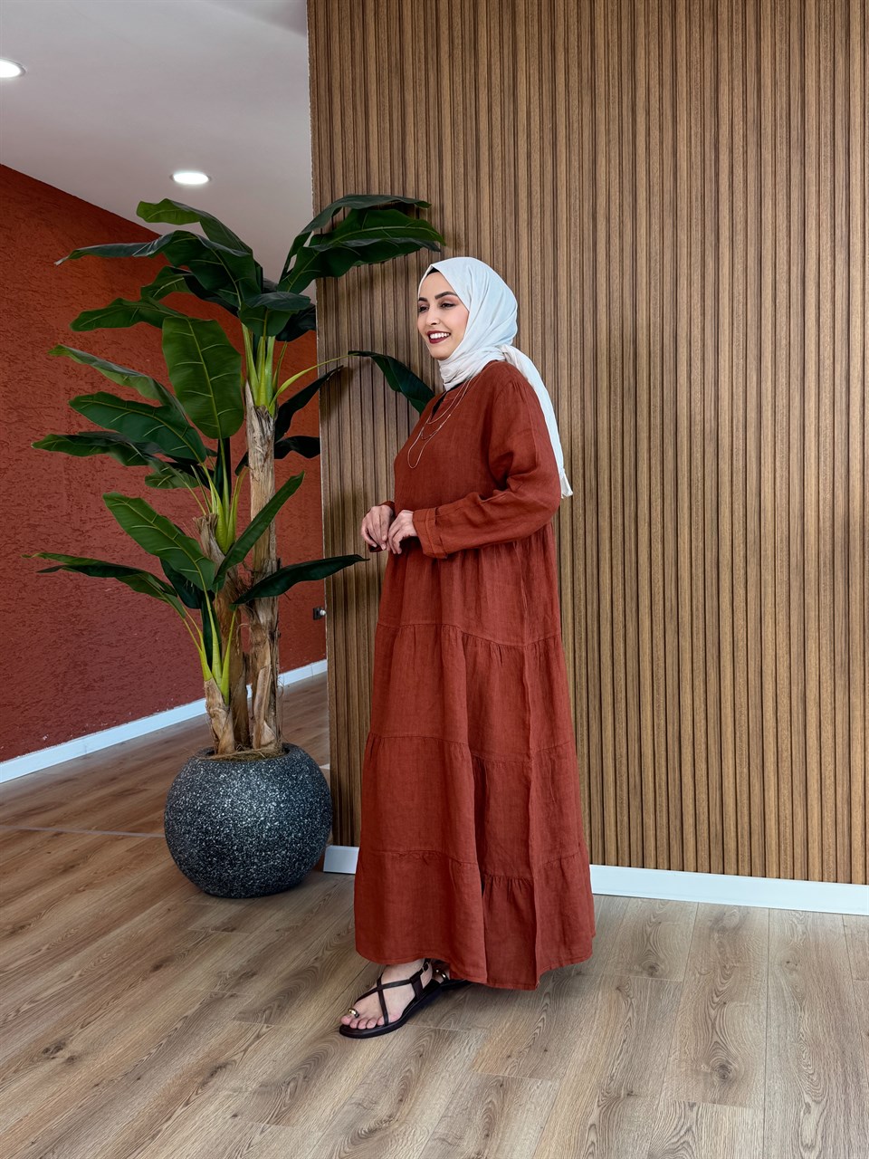 Hazal Ham Keten İthal Elbise - Kiremit