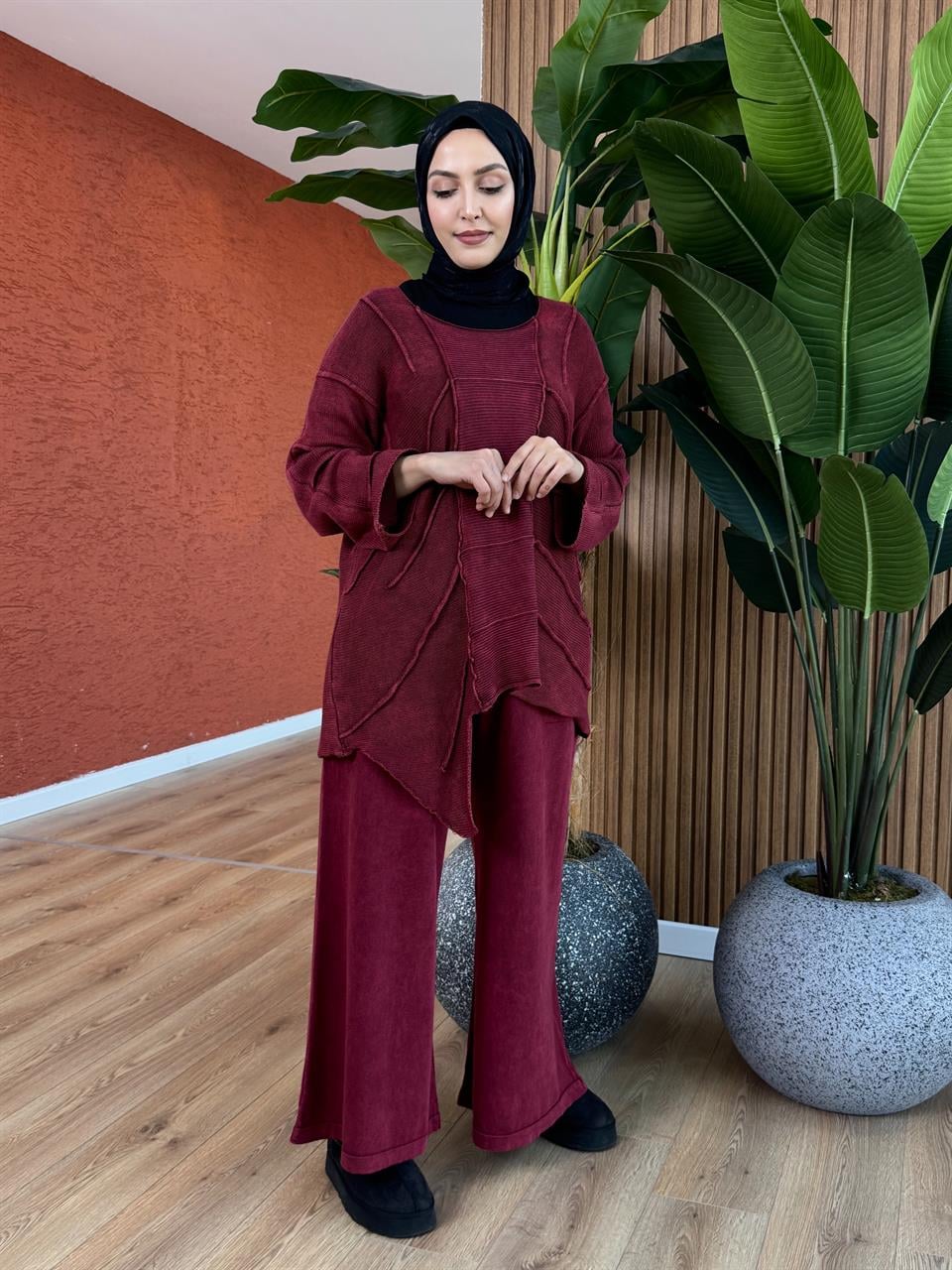 Kadın %100 Pamuk Asimetrik Tunik-Bordo