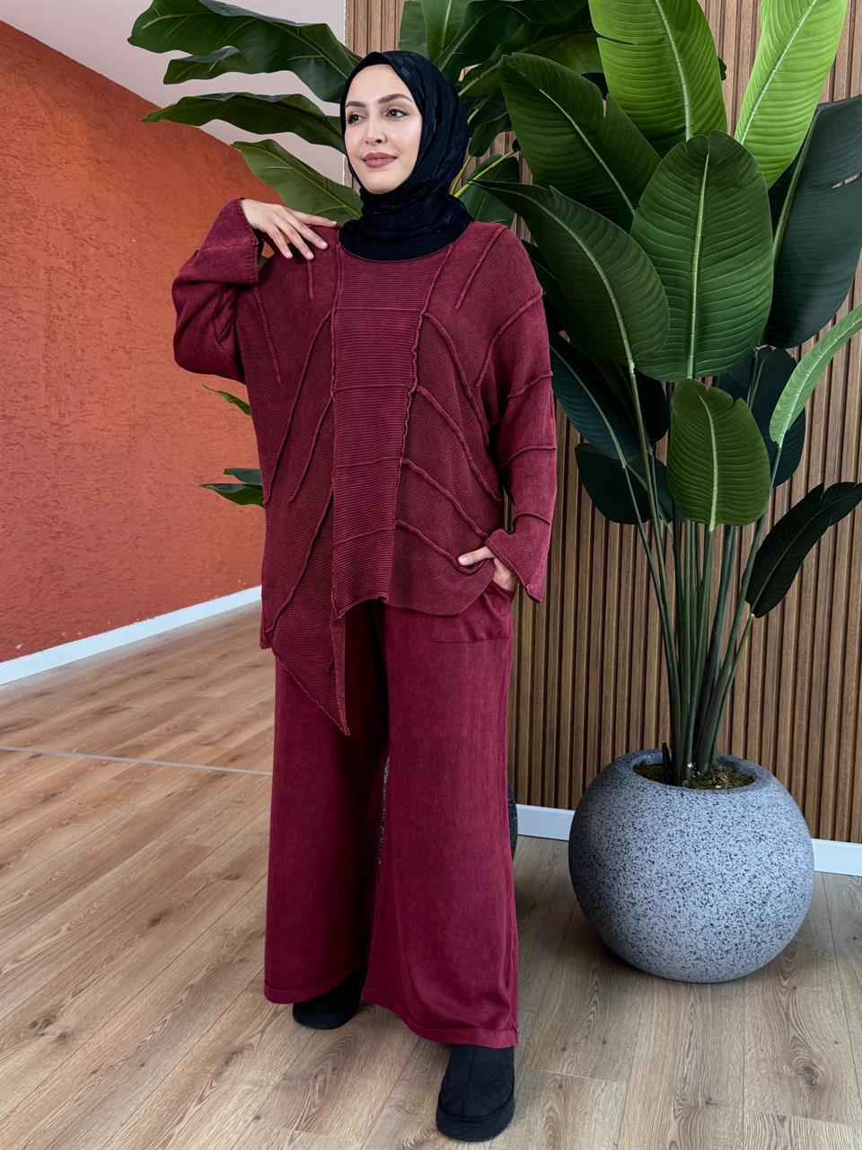 Kadın %100 Pamuk Asimetrik Tunik-Bordo