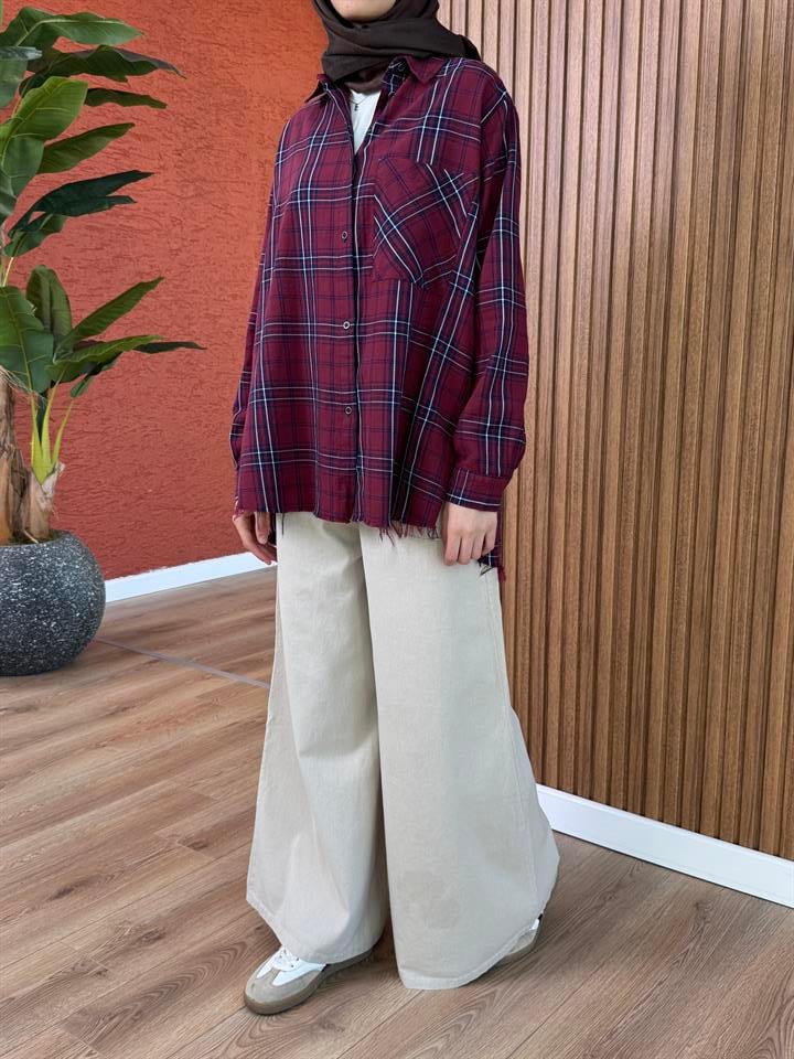 Kadın %100 Pamuk Ekose Gömlek-Bordo