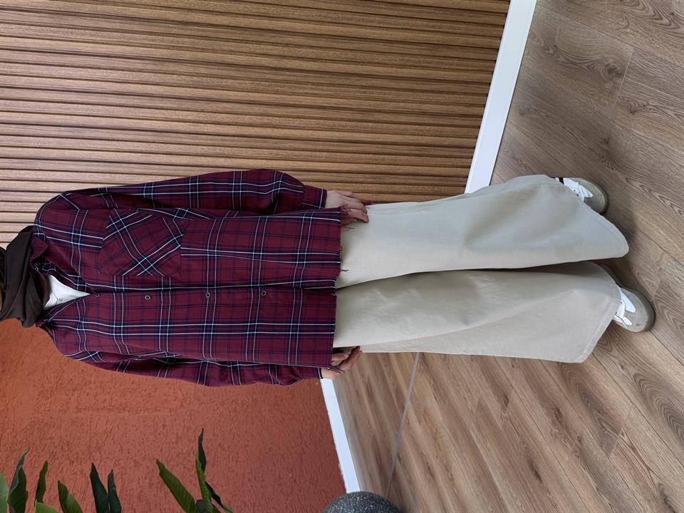 Kadın %100 Pamuk Ekose Gömlek-Bordo