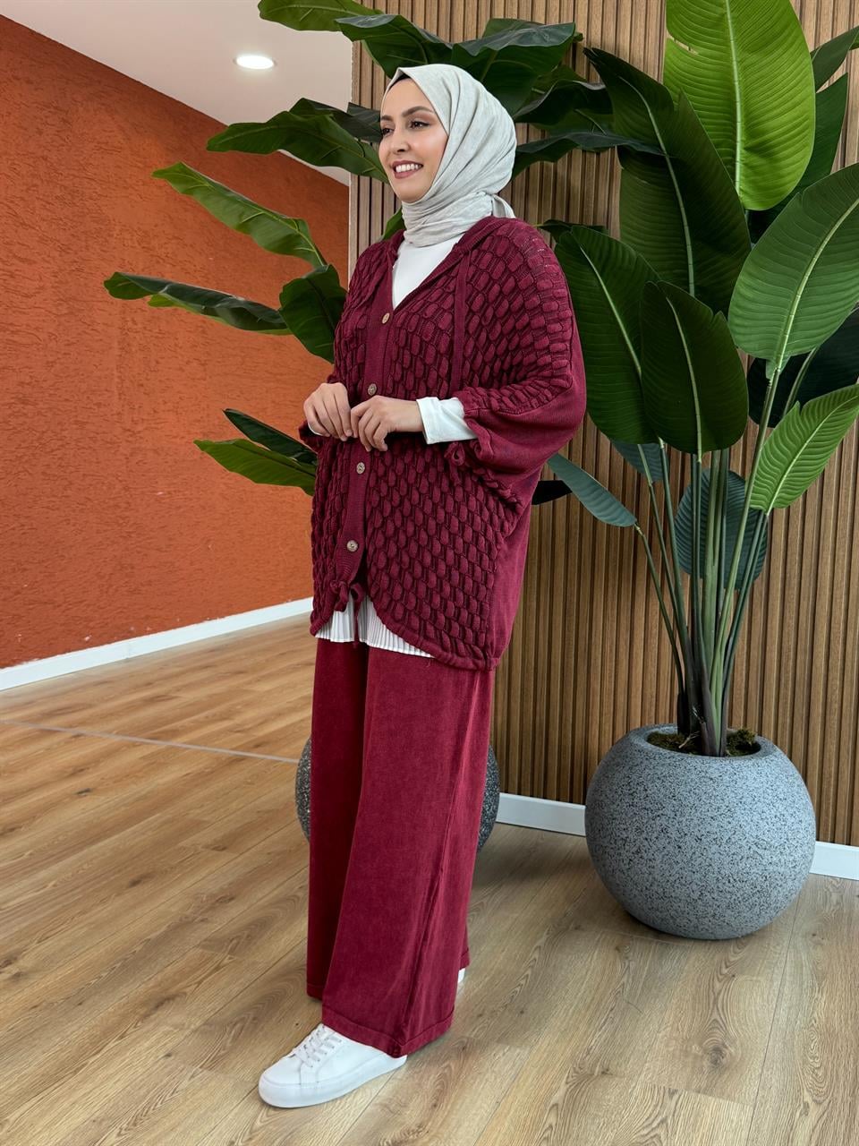 Kadın % 100 Pamuk İp Triko Hırka-Bordo