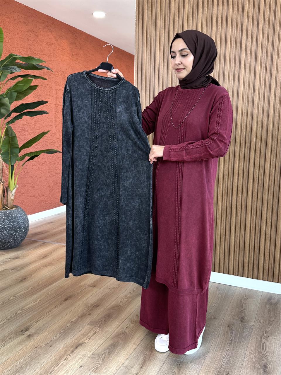 Asya Kadın %100 Pamuk Örgü Detay Tunik-Siyah