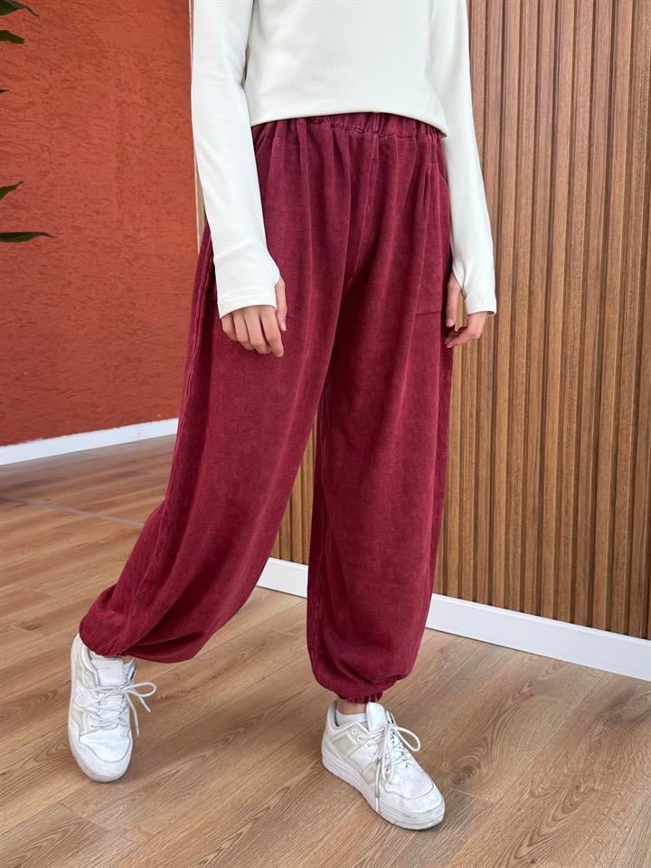 Kadın % 100 Pamuk Pantolon -Bordo