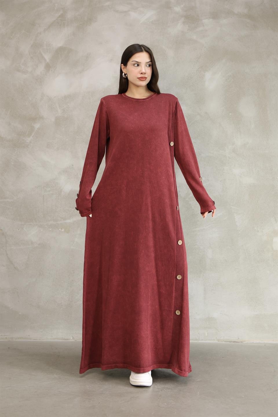 Kadın % 100 Pamuk Sıra Düğme Detay Elbise-Bordo