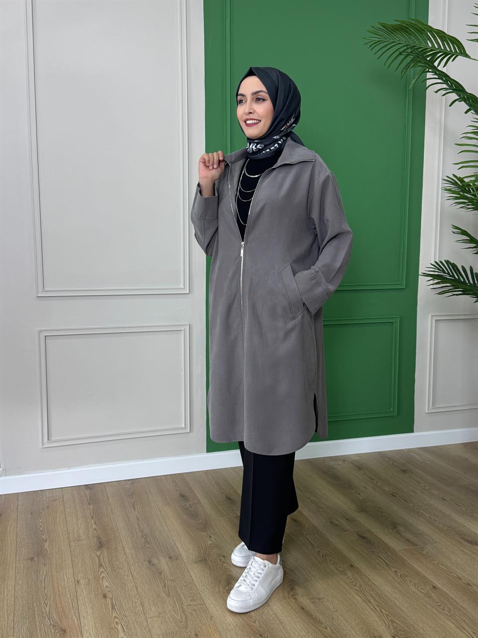 Kadın Fermuarlı Giy -Çık Kap - Gri
