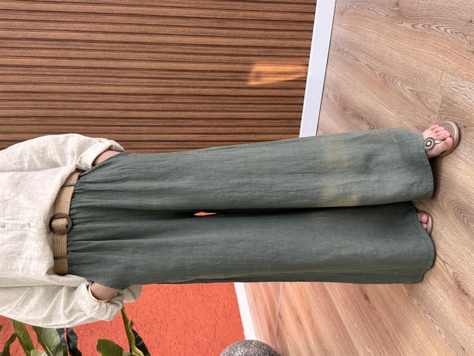 Kadın Ham Keten Hasır Kemer Detaylı Pantolon -Haki