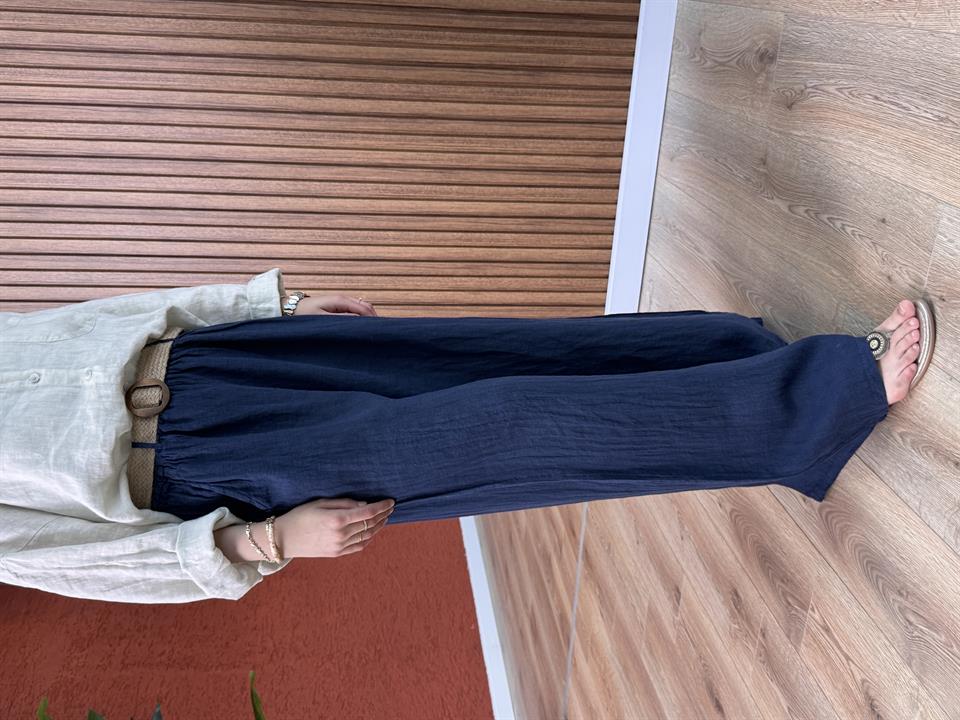 Kadın Ham Keten Hasır Kemer Detaylı Pantolon -Lacivert