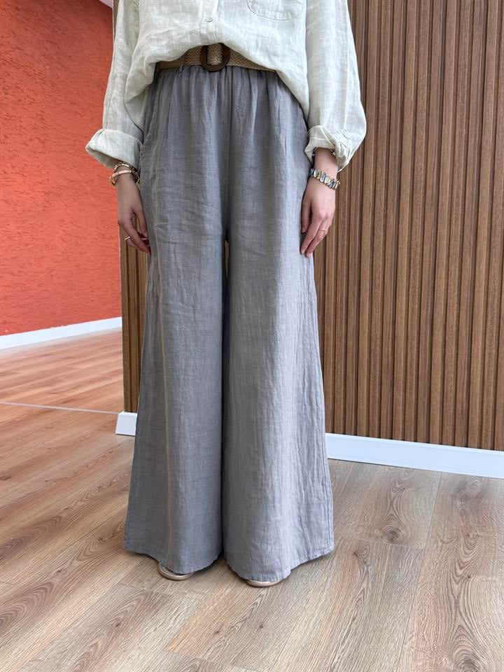 Kadın Ham Keten Hasır Kemer Detaylı Pantolon -Vizon