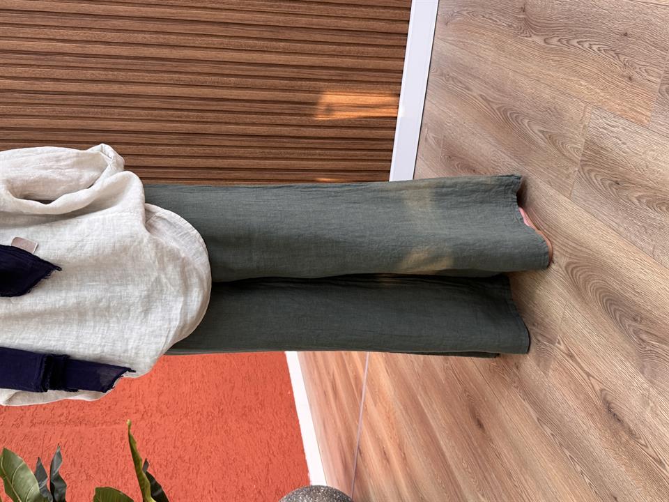 Kadın Ham Keten Hasır Kemer Detaylı Pantolon -Haki