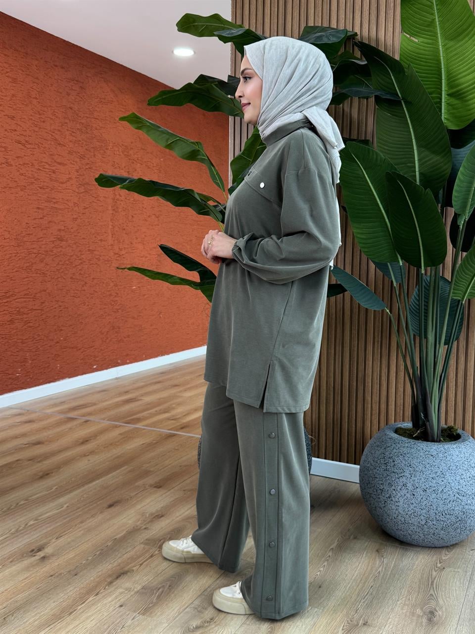 Kadın Oysho Kumaş Tasarım Pamuk Takım - Haki
