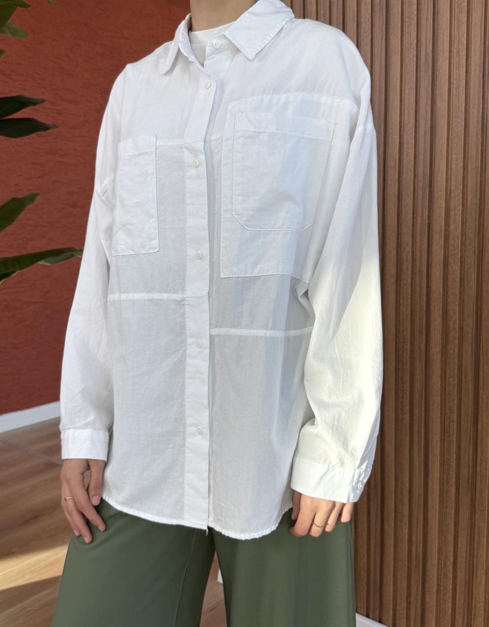 Kadın Pamuk Cepli Gömlek-Beyaz