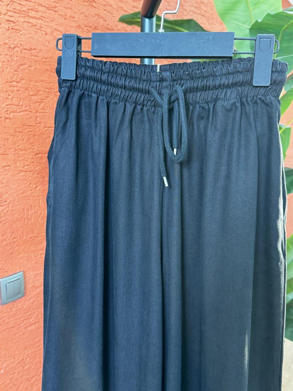 Kadın Tencel Bol Paça Etekli Kot Pantolon-Siyah