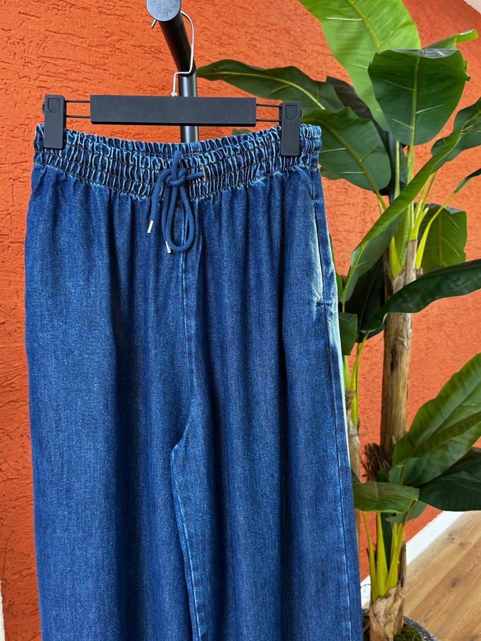 Kadın Tencel Bol Paça Etekli Kot Pantolon-Koyu Mavi