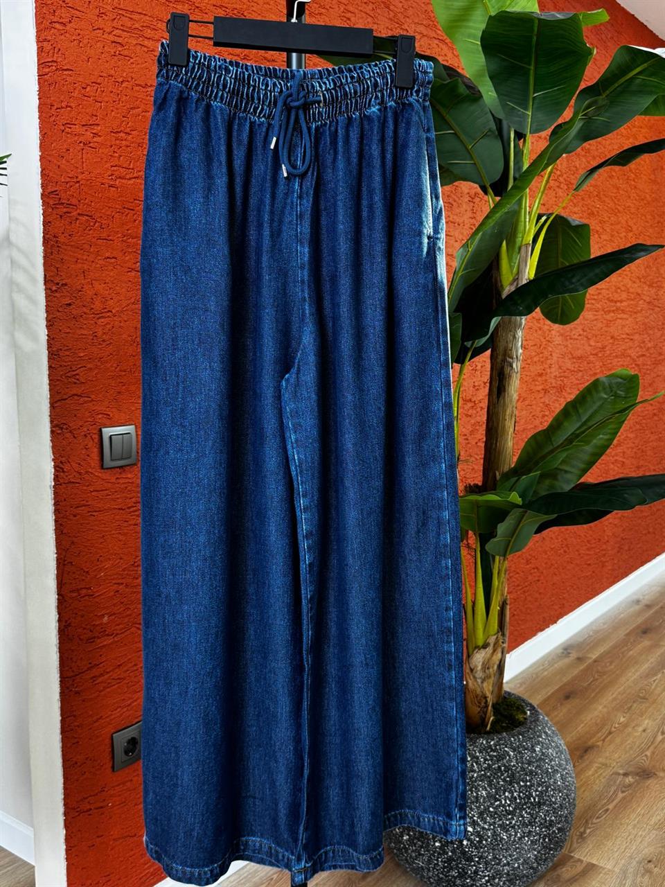Kadın Tencel Bol Paça Etekli Kot Pantolon-Koyu Mavi