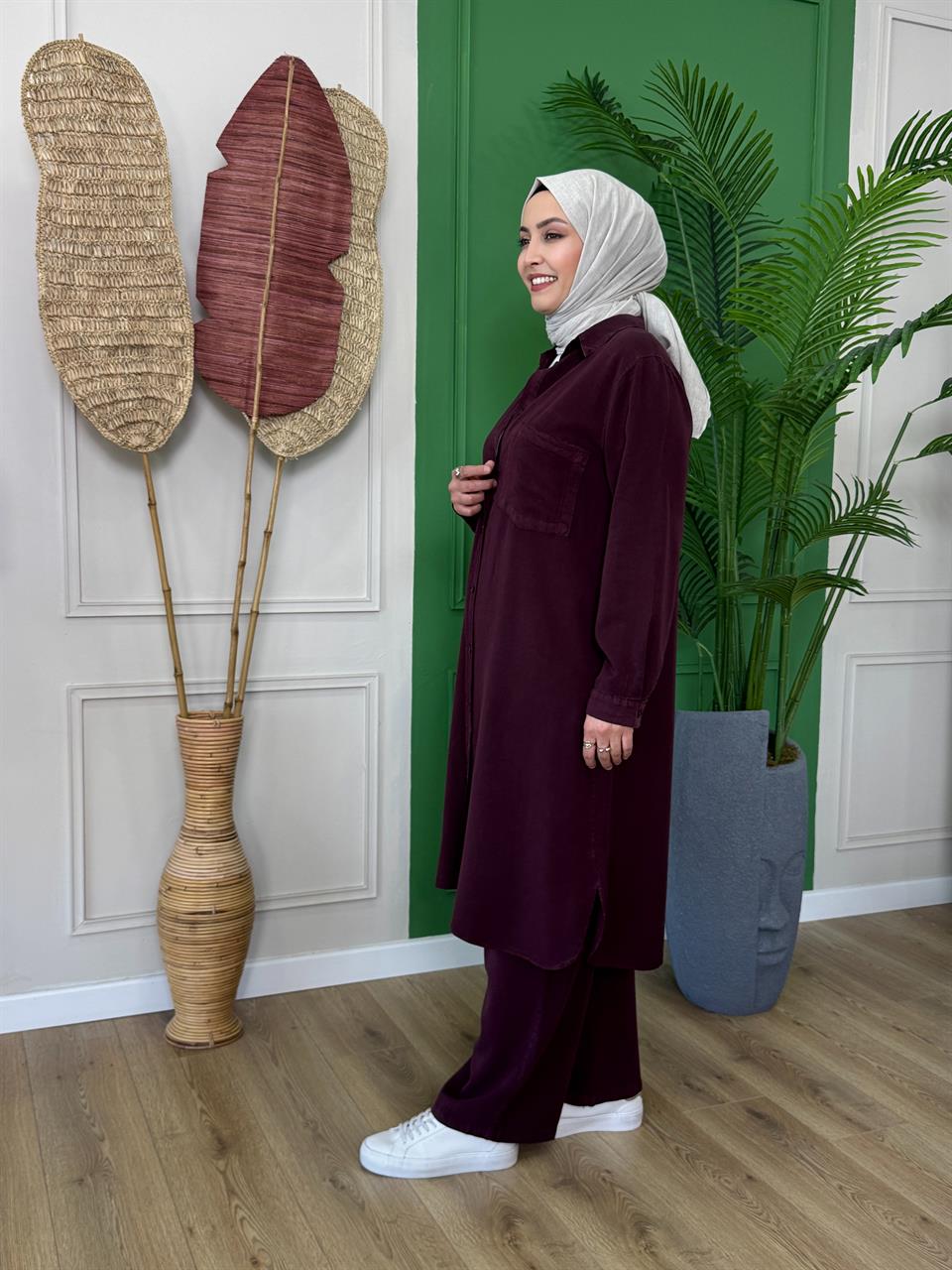 Kadın Yıkamalı Tensel Pamuk Takım - Mürdüm