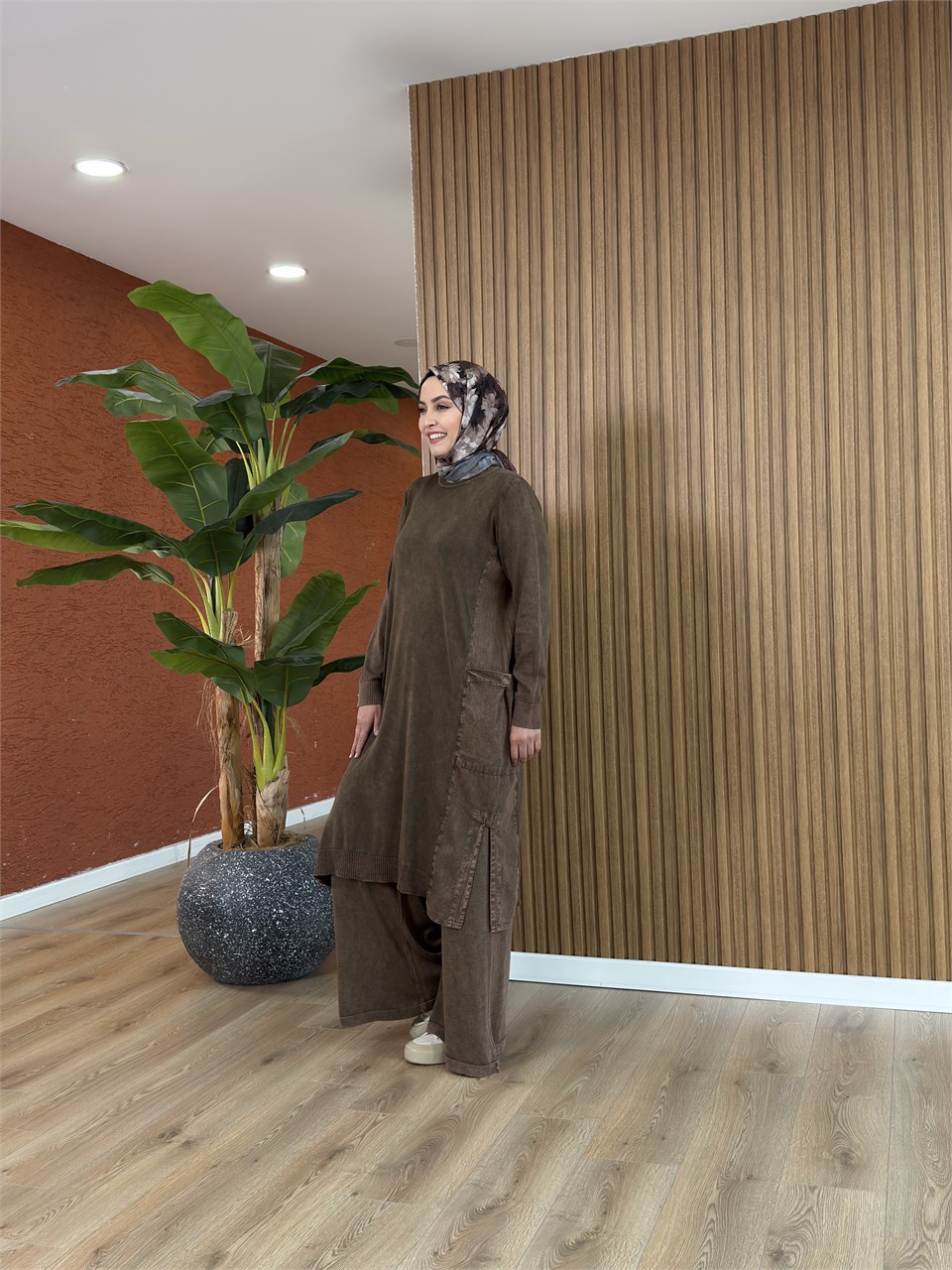 Loren % 100 Pamuk Tencel Detay Tunik-Kahverengi