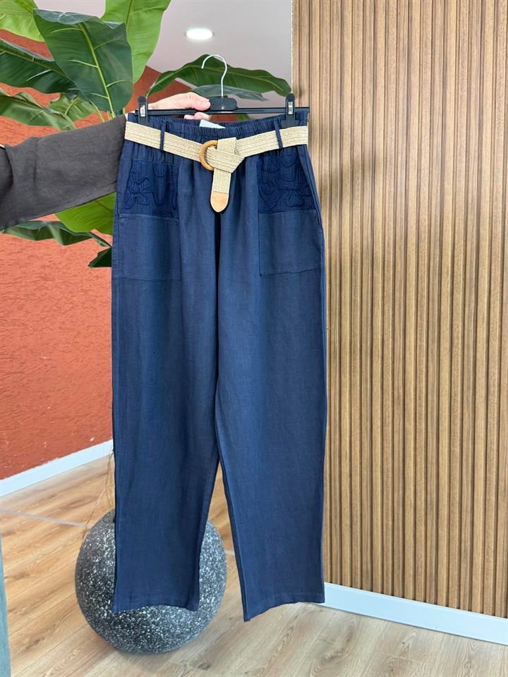 Mila İtalyan Keten Pantolon-Lacivert